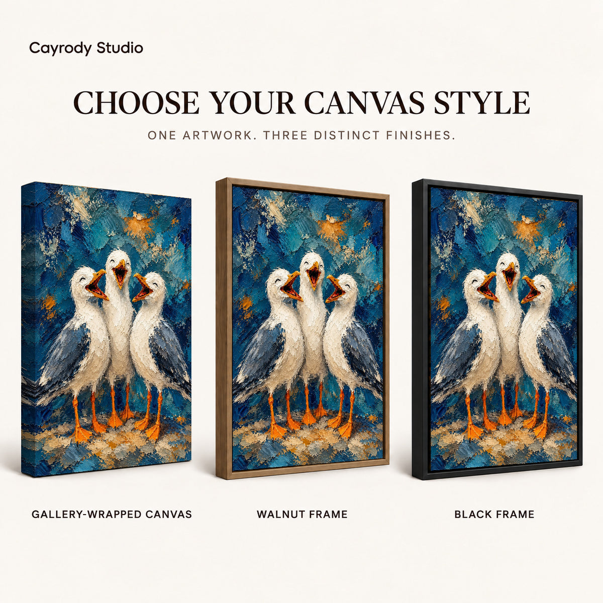 laughing seagull trio canvas art compared across gallery-wrapped canvas, walnut frame, and black frame finishes.