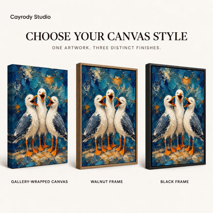 laughing seagull trio canvas art compared across gallery-wrapped canvas, walnut frame, and black frame finishes.