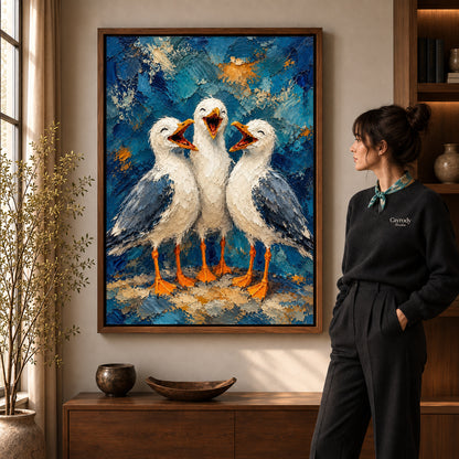 laughing seagull trio canvas art shown in the walnut frame option within a warm living room.