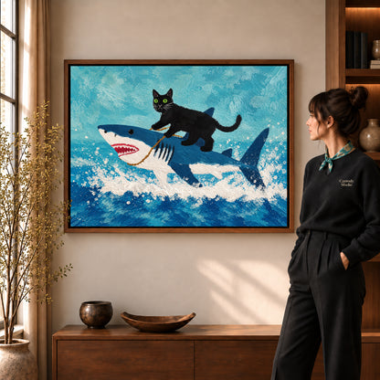 cat shark adventure canvas art in a walnut frame beside a standing woman and wooden console.