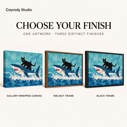 cat shark adventure canvas art compared across gallery-wrapped canvas, walnut frame, and black frame finishes.