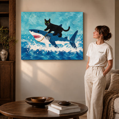 cat shark adventure canvas art shown in the gallery-wrapped option with natural side shading and warm surroundings.