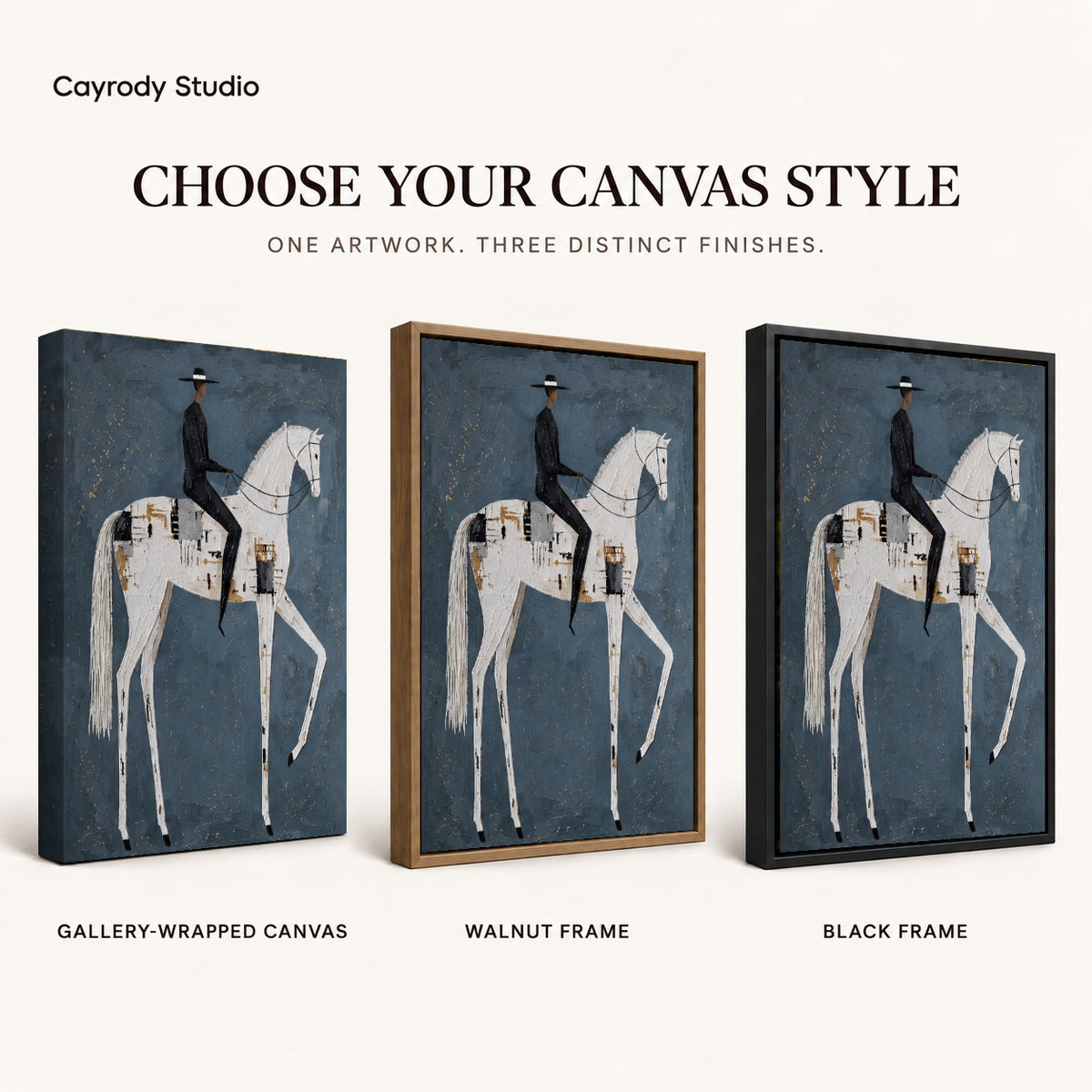 quiet equestrian poise canvas art compared across gallery-wrapped canvas, walnut frame, and black frame finishes.