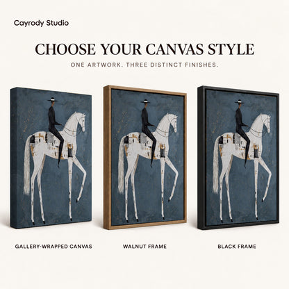 quiet equestrian poise canvas art compared across gallery-wrapped canvas, walnut frame, and black frame finishes.