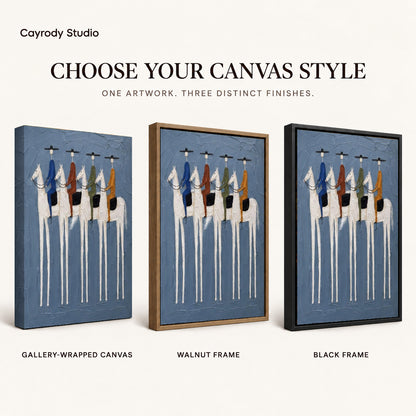 four riders together canvas art compared across gallery-wrapped canvas, walnut frame, and black frame finishes.