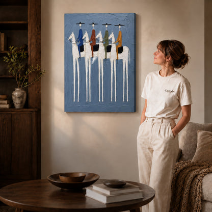 four riders together canvas art shown in the gallery-wrapped option with visible depth and warm surroundings.