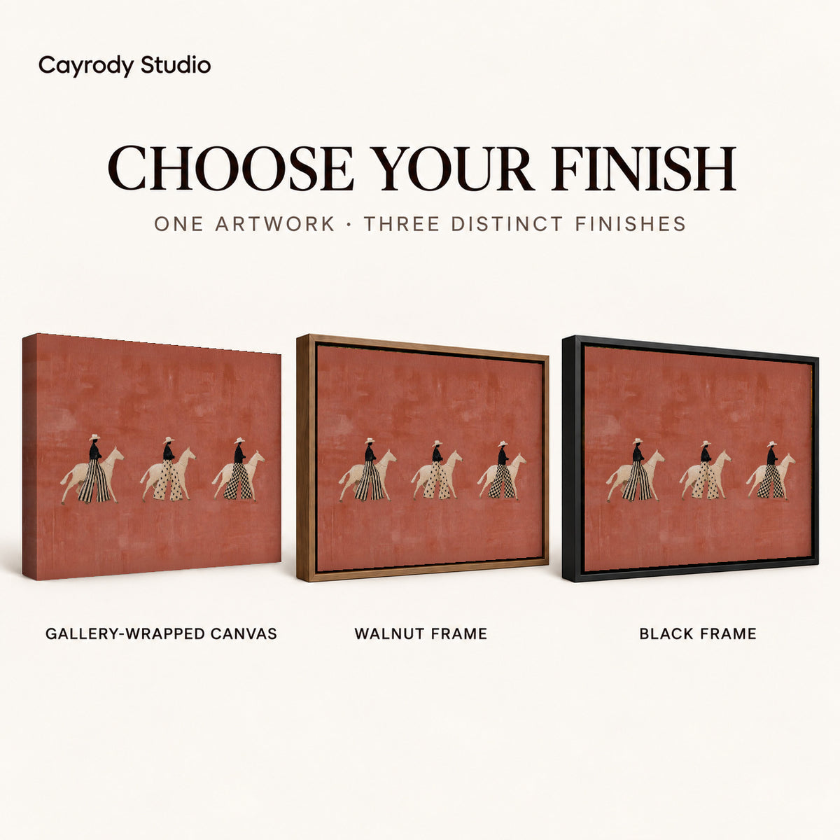 patterned rider parade canvas art compared across gallery-wrapped canvas, walnut frame, and black frame finishes.