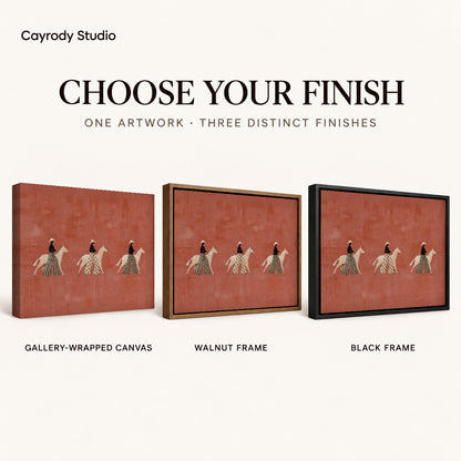 patterned rider parade canvas art compared across gallery-wrapped canvas, walnut frame, and black frame finishes.