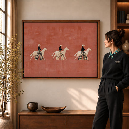 patterned rider parade canvas art shown in the walnut frame option within a warm living room.