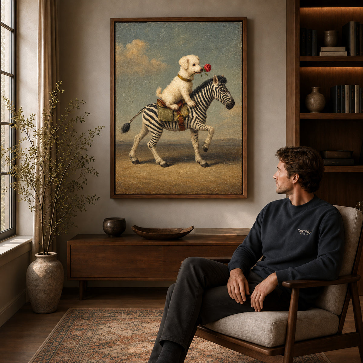 puppy zebra journey canvas art in a walnut frame above a console beside a seated man.