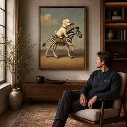 puppy zebra journey canvas art in a walnut frame above a console beside a seated man.