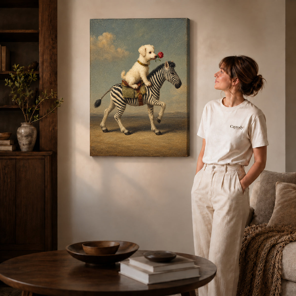 puppy zebra journey canvas art on gallery-wrapped canvas with natural edge shading beside a standing woman.