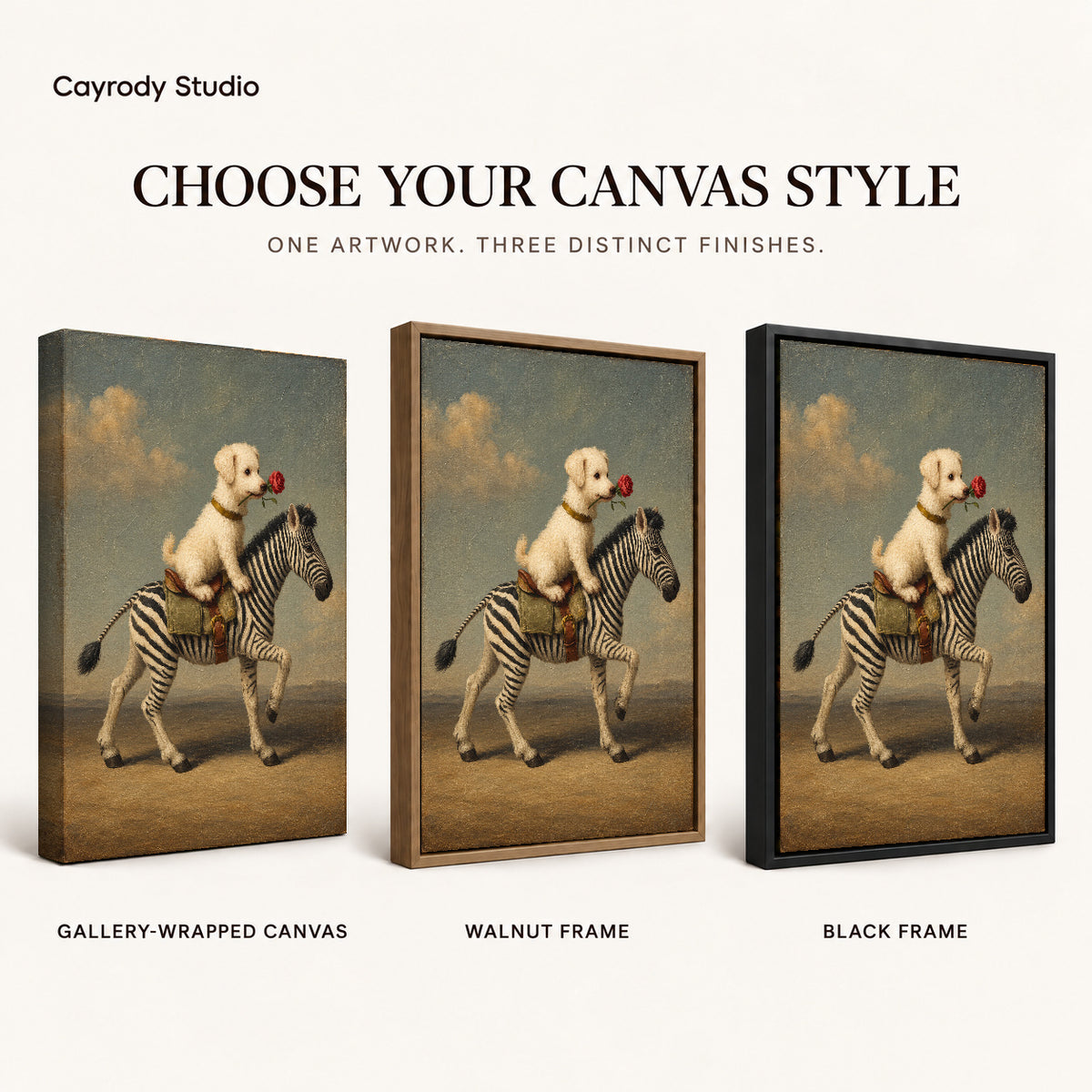 puppy zebra journey canvas art compared across gallery-wrapped canvas, walnut frame, and black frame finishes.