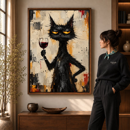 unimpressed wine cat canvas art in a walnut frame beside a standing woman and wooden console.