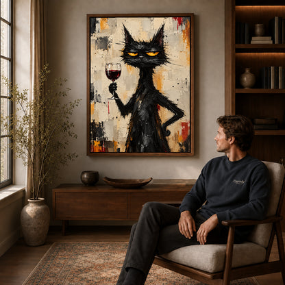 unimpressed wine cat canvas art in a walnut frame above a console beside a seated man.