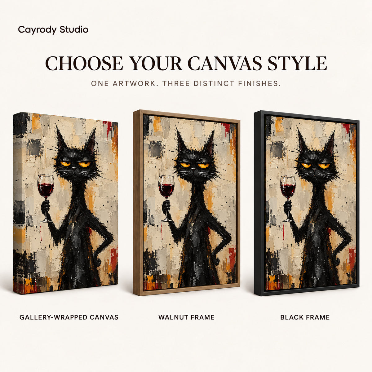 unimpressed wine cat canvas art compared across gallery-wrapped canvas, walnut frame, and black frame finishes.