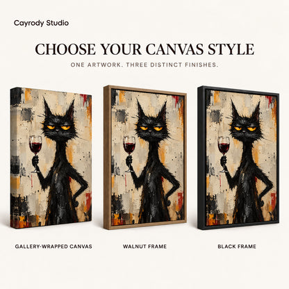 unimpressed wine cat canvas art compared across gallery-wrapped canvas, walnut frame, and black frame finishes.