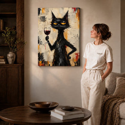 unimpressed wine cat canvas art shown in the gallery-wrapped option with visible depth and warm surroundings.