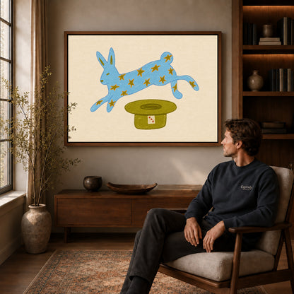 star rabbit magic canvas art in a walnut frame above a console beside a seated man.