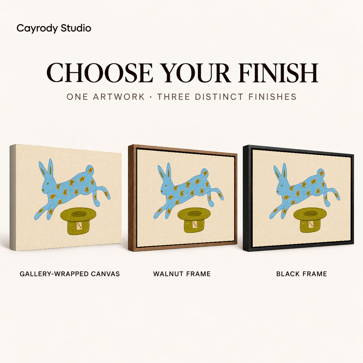 star rabbit magic canvas art compared across gallery-wrapped canvas, walnut frame, and black frame finishes.