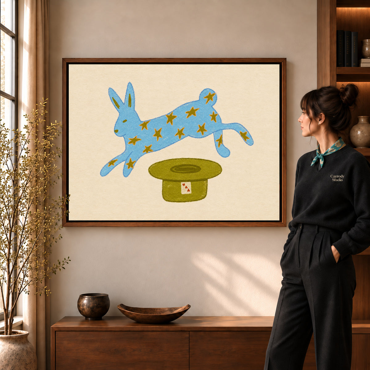 star rabbit magic canvas art shown in the walnut frame option within a warm living room.