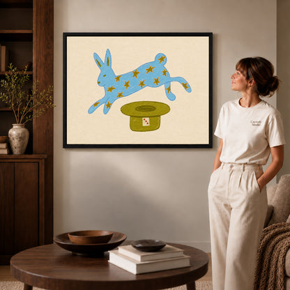 star rabbit magic canvas art shown in the black frame option against a softly lit wall.