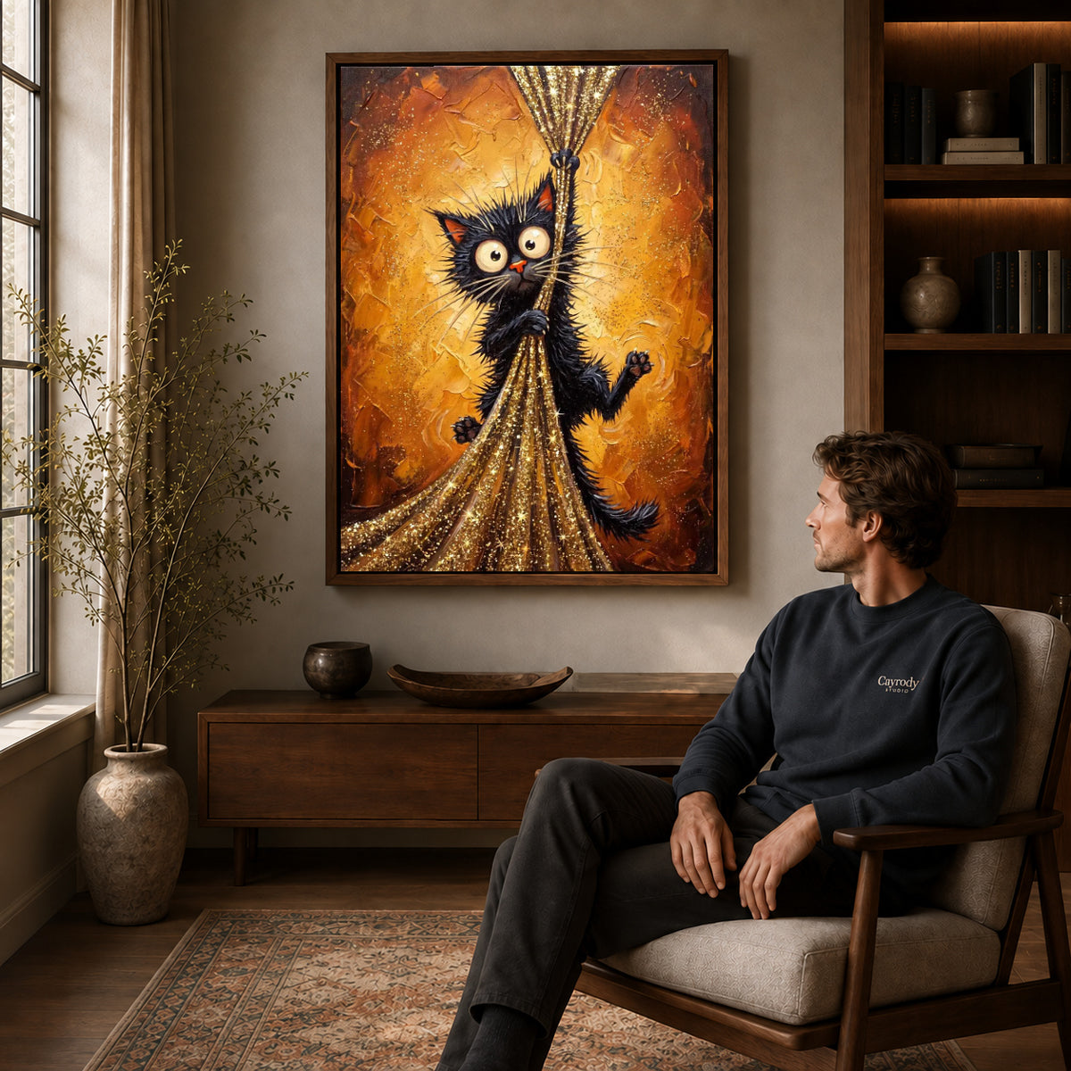 golden curtain mischief canvas art in a walnut frame above a console beside a seated man.