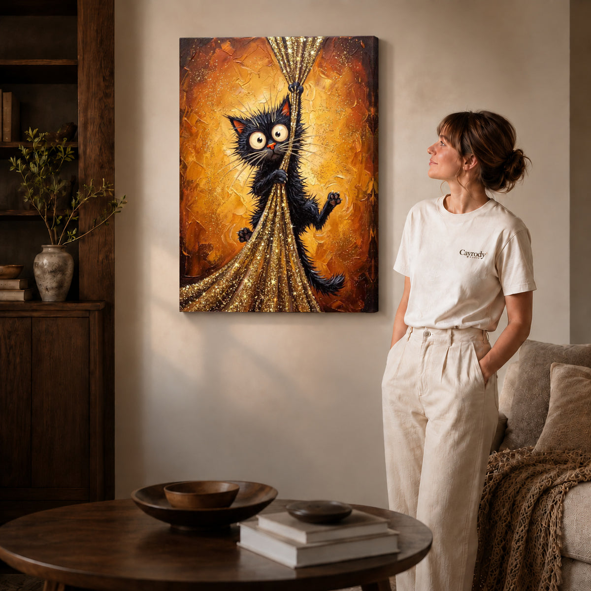 golden curtain mischief canvas art on gallery-wrapped canvas with natural edge shading beside a standing woman.