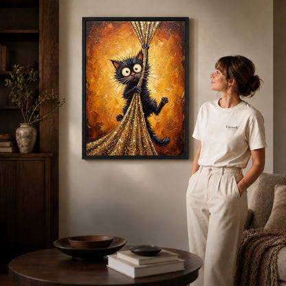 golden curtain mischief canvas art in a black frame beside a woman and round wooden table.