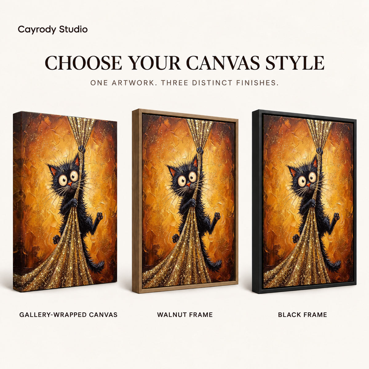 golden curtain mischief canvas art compared across gallery-wrapped canvas, walnut frame, and black frame finishes.