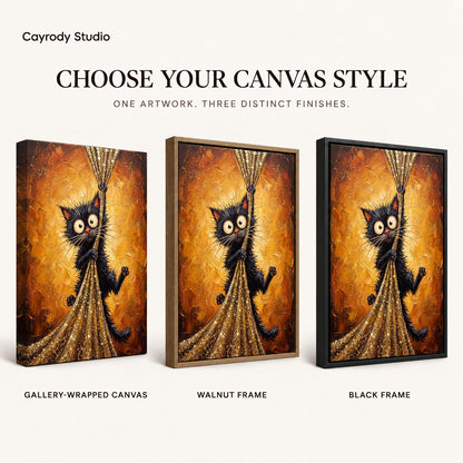 golden curtain mischief canvas art compared across gallery-wrapped canvas, walnut frame, and black frame finishes.