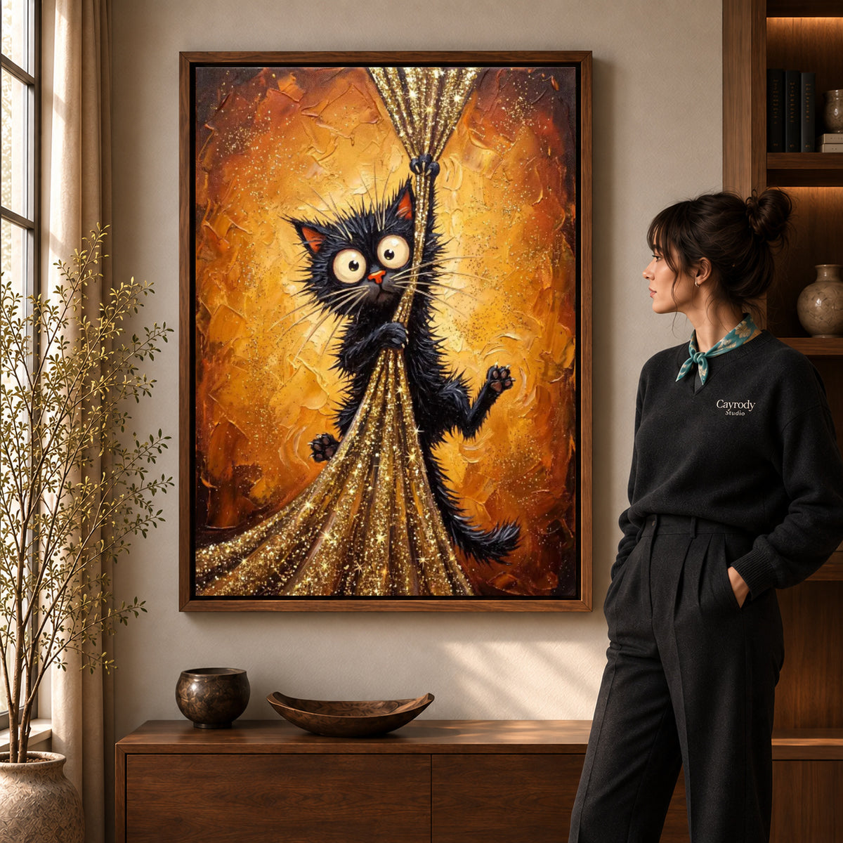 golden curtain mischief canvas art shown in the walnut frame option within a warm living room.