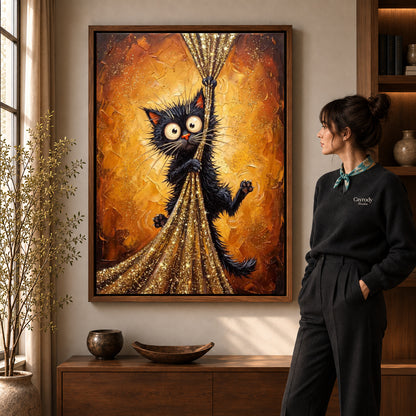 golden curtain mischief canvas art shown in the walnut frame option within a warm living room.