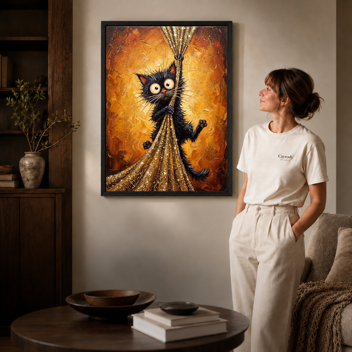 golden curtain mischief canvas art shown in the black frame option against a softly lit wall.