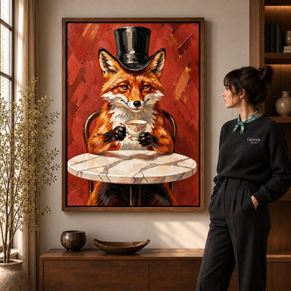 top hat tea fox canvas art in a walnut frame beside a standing woman and wooden console.