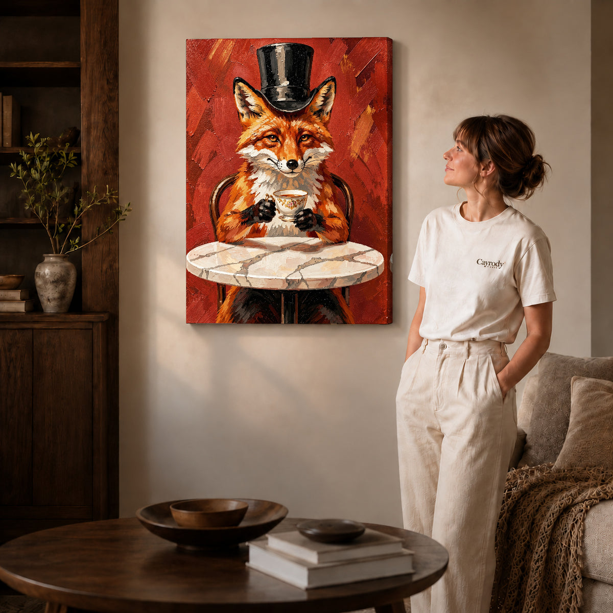 top hat tea fox canvas art on gallery-wrapped canvas with natural edge shading beside a standing woman.