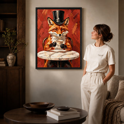 top hat tea fox canvas art in a black frame beside a woman and round wooden table.