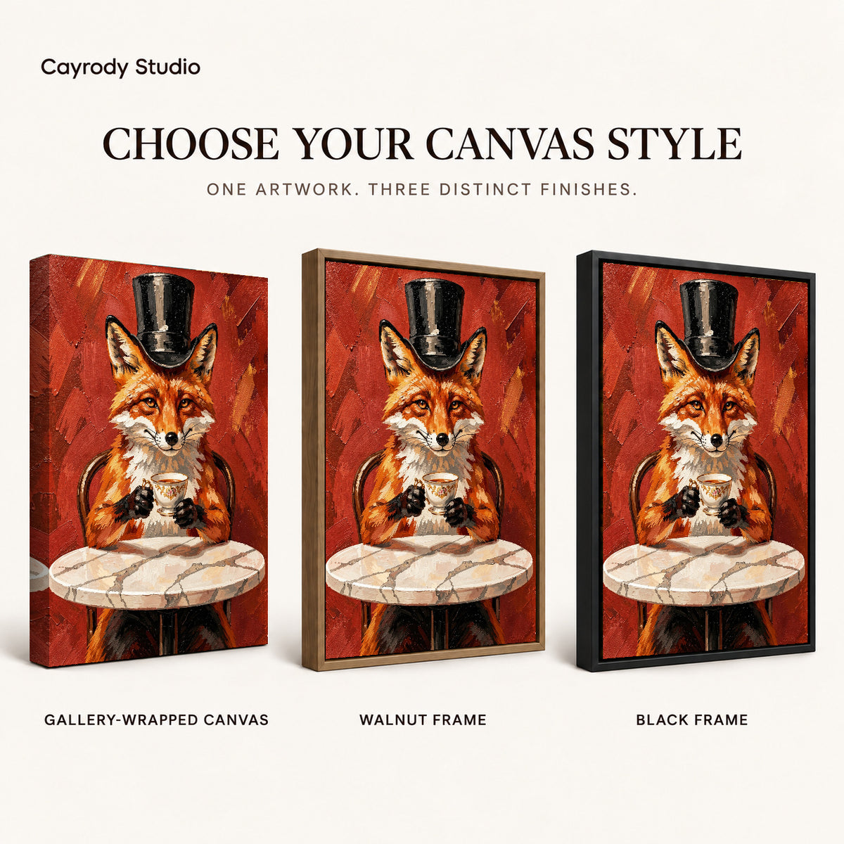 top hat tea fox canvas art compared across gallery-wrapped canvas, walnut frame, and black frame finishes.