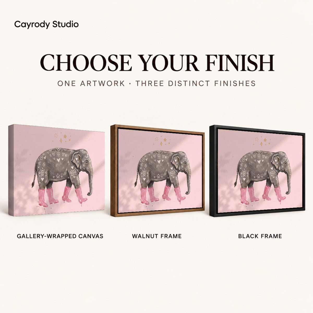 pink boot elephant canvas art compared across gallery-wrapped canvas, walnut frame, and black frame finishes.