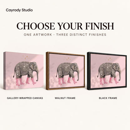 pink boot elephant canvas art compared across gallery-wrapped canvas, walnut frame, and black frame finishes.