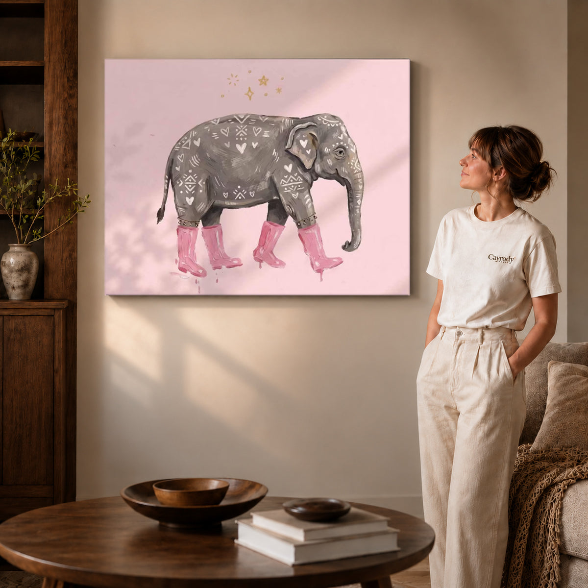 pink boot elephant canvas art shown in the gallery-wrapped option with natural side shading and warm surroundings.