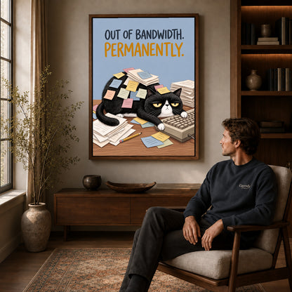 out of bandwidth canvas art in a walnut frame above a console beside a seated man.
