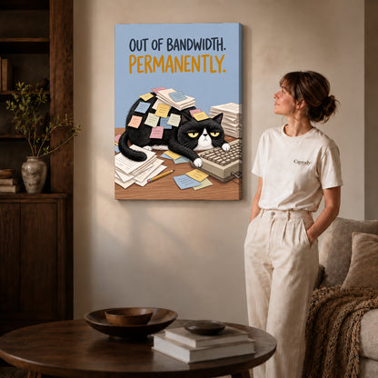 out of bandwidth canvas art on gallery-wrapped canvas with natural edge shading beside a standing woman.