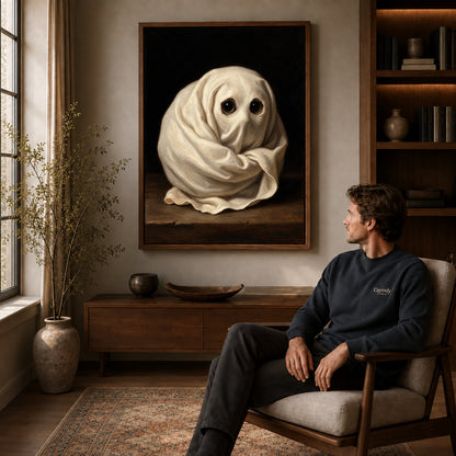 little ghost eyes canvas art in a walnut frame above a console beside a seated man.