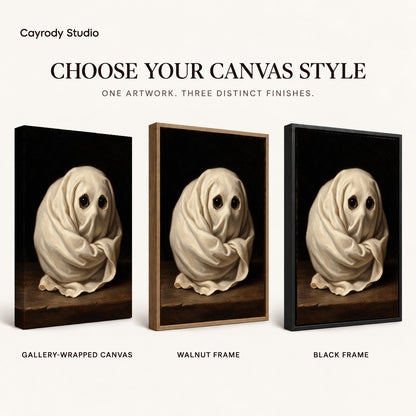 little ghost eyes canvas art compared across gallery-wrapped canvas, walnut frame, and black frame finishes.