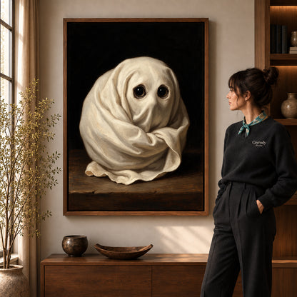little ghost eyes canvas art shown in the walnut frame option within a warm living room.