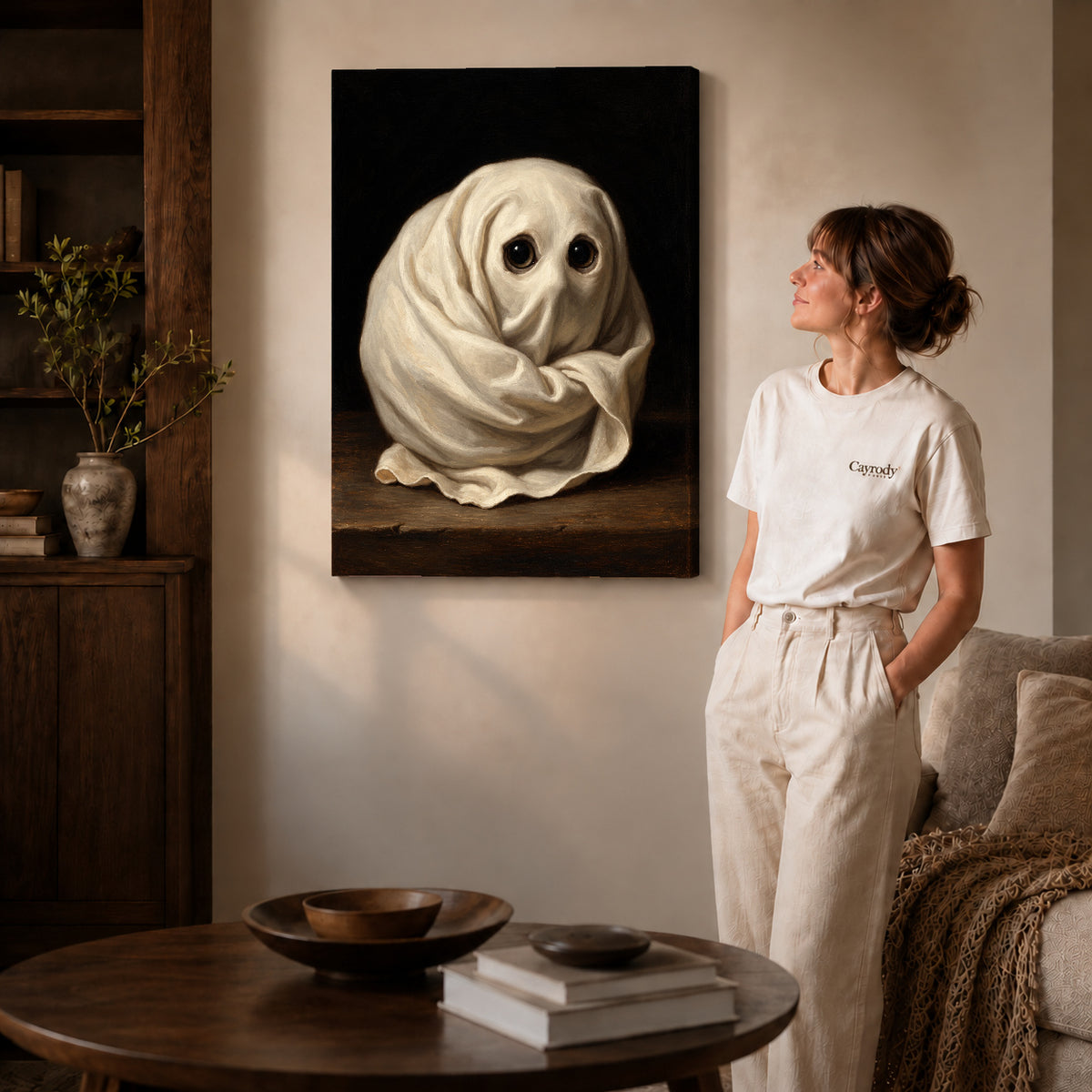 little ghost eyes canvas art shown in the gallery-wrapped option with visible depth and warm surroundings.
