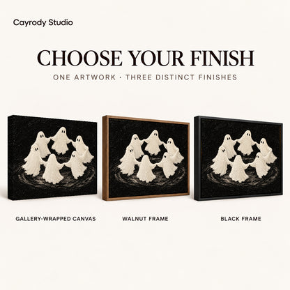 dancing ghost circle canvas art compared across gallery-wrapped canvas, walnut frame, and black frame finishes.