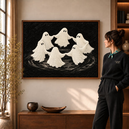 dancing ghost circle canvas art shown in the walnut frame option within a warm living room.