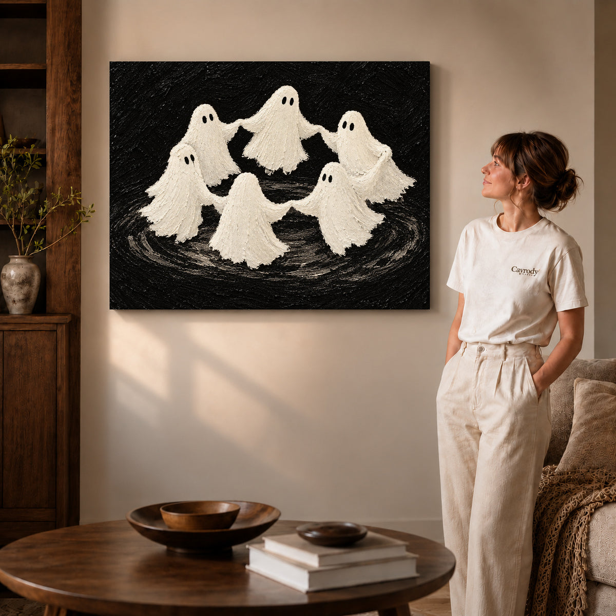 dancing ghost circle canvas art shown in the gallery-wrapped option with natural side shading and warm surroundings.